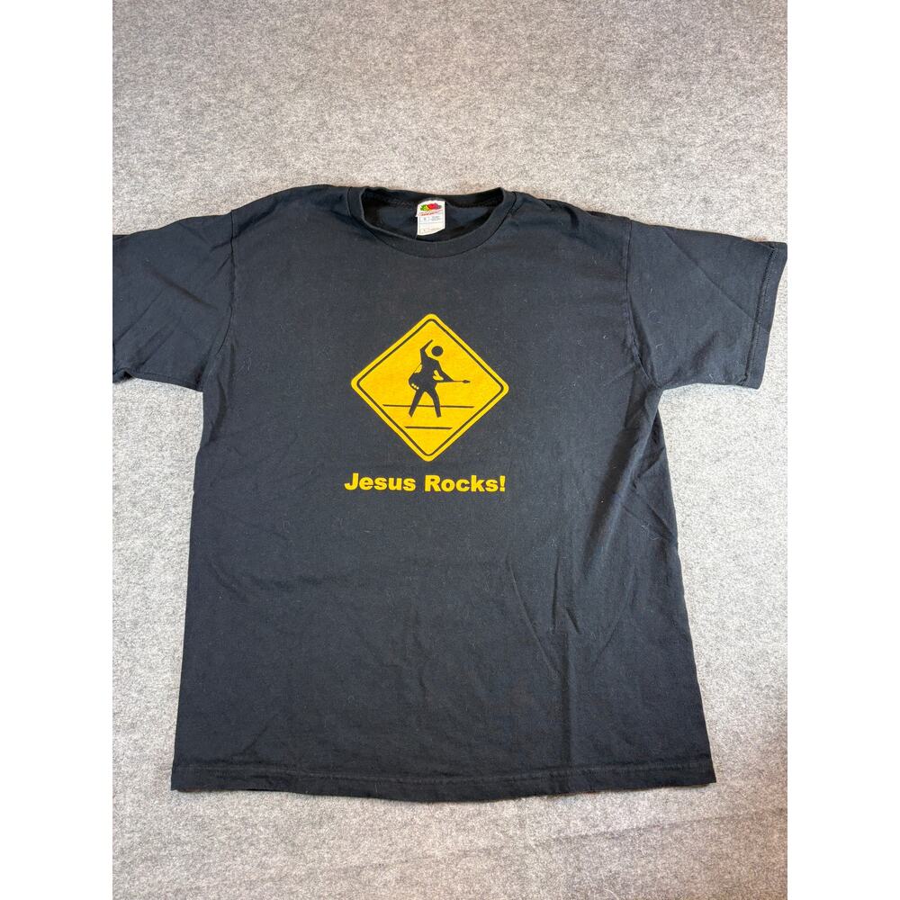 VTG 90s Jesus Rocks Shirt Mens Large Black Christian Graphic Religious Funny Tee